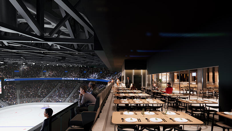Wie in der NHL oder in Schweden: Im modernen Ansatz der Arena ist ein Restaurant mit Blick aufs Spielfeld inbegriffen.