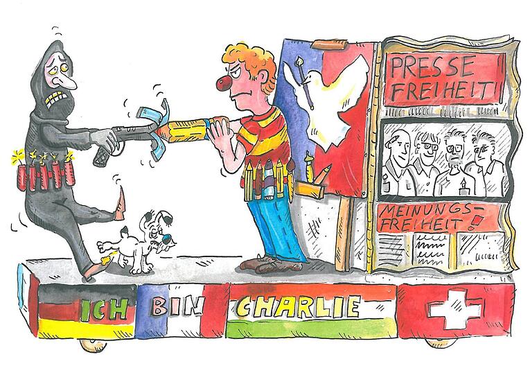 Mit dem Stift gegen die Waffe: So sieht der Entwurf der Charlie-Hebdo-Wagens aus. Zu heikel, finden die Organisatoren.
