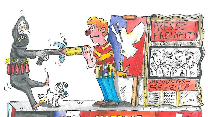 Mit dem Stift gegen die Waffe: So sieht der Entwurf der Charlie-Hebdo-Wagens aus. Zu heikel, finden die Organisatoren. Mit dem Stift gegen die Waffe: So sieht der Entwurf der Charlie-Hebdo-Wagens aus. Zu heikel, finden die Organisatoren.