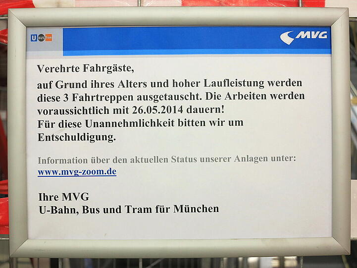 An der U-Bahnstation vom Ostbahnhof,  Eingang Nord ist bis Ende Mai eine Baustelle: drei Fahrtreppen werden ausgetauscht.