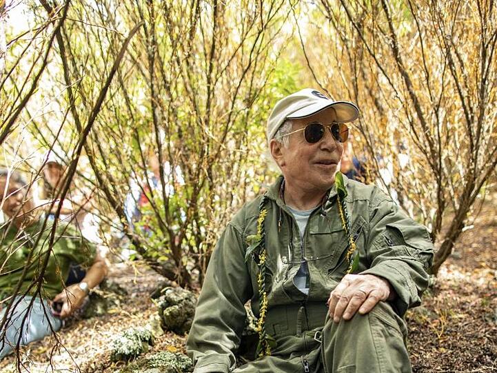 Der Musiker Paul Simon im Wald.
