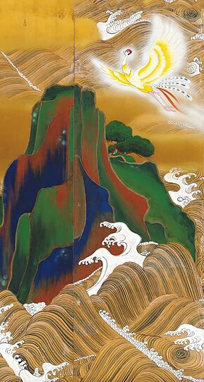 Ein Phönix, eingefügt in Ogata Korins "Wellen bei Matsushima"