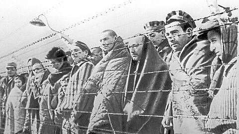 Hinter Stacheldraht: Gefangene im KZ Auschwitz, nach der Befreiung durch Truppen der Roten Armee, Ende Januar 1945.