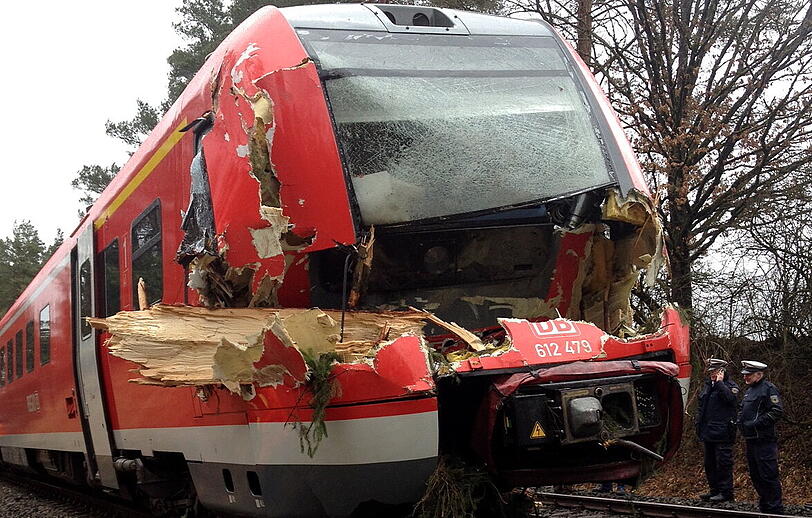 In Pegnitz konnte dieser Zug nicht mehr rechtzeitig bremsen und bretterte in einen umgeworfenen Baum.