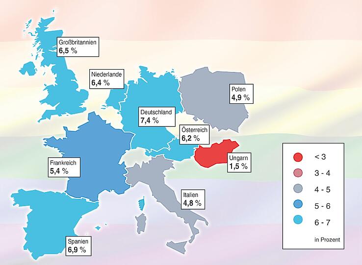 Diese Karte zeigt den Anteil an homo-, bi- und transsexuellen Menschen an der Gesamtbevölkerung in neun europäischen Ländern. Deutschland ist dabei Spitzenreiter.
