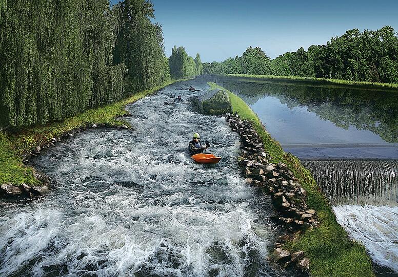 Söders Visionen vom neuen Wöhrder See: Das alte Wehr (= Barriere) wird durch eine Rampe ersetzt &ndash; also freie Fahrt für freie Fische.