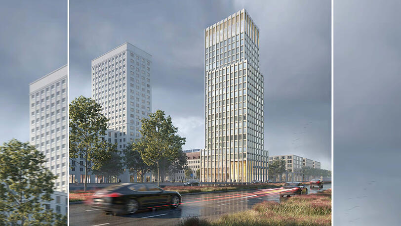 Direkt an der U-Bahn-Station Oberwiesenfeld: mit einer Fassade aus Stein, mit "Abtreppungen" &ndash; und insgesamt 26 Stockwerke hoch. Das geplante Büro-Hochhaus (rechts im Bild) neben dem Hauptsitz von Knorr-Bremse an der Moosacher Straße 80.