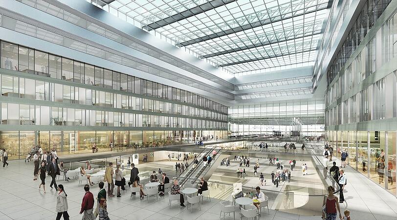 Das neue Empfangsgebäude: Oben Glasdach, in der Mitte geht&rsquo;s in die Tiefe zum Stammstrecken-Nukleus.