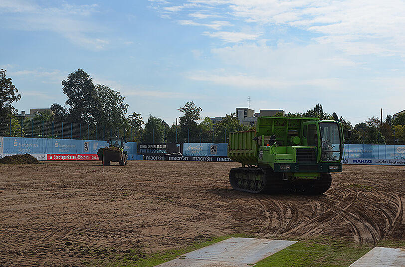 Großbaustelle an der Grünwalder Straße: Der Hauptplatz des TSV 1860 wird erneuert - die Profis müssen auf die hinteren Fußballplätze ausweichen.