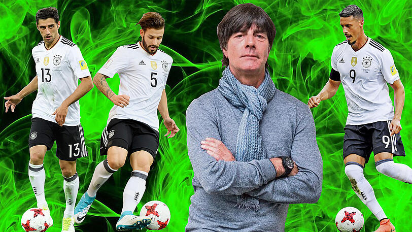Joachim Löw (m.) fehlen im WM-Qualifikationsspiel in Nordirland ein halbes Dutzend Stammspieler. Dafür bekommen wohl Lars Stindl, Marvin Plattenhardt und Sandro Wagner ihre Chance (v.l.).