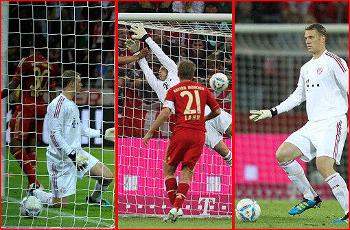 Kalt erwischt! Einmal segelte Manuel Neuer unter einer Freistoßflanke von Aogo hindurch - dann wagte sich der Nationlatorhüter zu weit nach vorne: Zwei Kisten kassierten die Bayern gegen den HSV. Die Bilder.