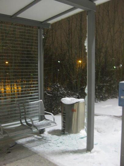 Die Vandalen zerstörten den Fahrkartenautomat und das Warteäuschen. Auch die Zeitungsständer vor dem Banhnof mussten leiden.