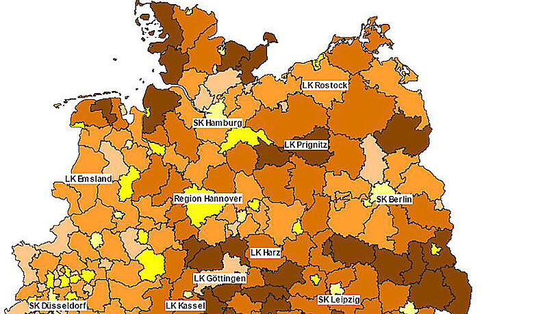 Je dunkler die Farbe, umso höher der Senioren-Anteil. Je dunkler die Farbe, umso höher der Senioren-Anteil.