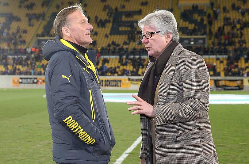 Reporter Marcel Reif (r.) im Gespräch mit BVB-Geschäftsführer Hans-Joachim Watzke.