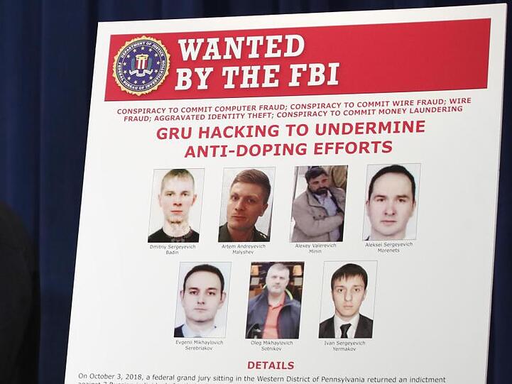 Fahndungsaufruf: Die USA klagen sieben Agenten des Militärgeheimdiensts GRU unter anderem wegen der Cyberattacke auf die Welt-Anti-Doping-Agentur WADA an.
