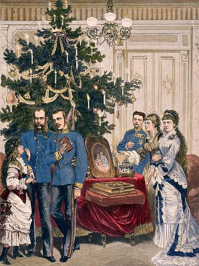 "Weihnachtsabend in der Hofburg in Wien” (von links): Valerie, Kaiser Franz Joseph, Kronprinz Rudolf, Prinz Leopold von Bayern, Gisela und - ganz rechts - Kaiserin Elisabeth. Die Familienidylle zeigt ein Holzstich nach Franz Kollarz "Über Land u. Meer", 45. Bd., Nr. 13, 1880.
