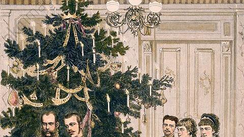 "Weihnachtsabend in der Hofburg in Wien” (von links): Valerie, Kaiser Franz Joseph, Kronprinz Rudolf, Prinz Leopold von Bayern, Gisela und - ganz rechts - Kaiserin Elisabeth. Die Familienidylle zeigt ein Holzstich nach Franz Kollarz "Über Land u. Meer", 45. Bd., Nr. 13, 1880.