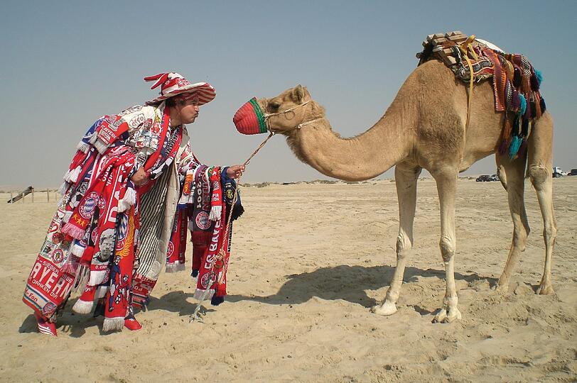 Im Januar 2012 habe ich das Bayern-Trainingslager in Doha (Katar) besucht. Ich konnte nicht nur  Bilder mit den Stars machen, sondern das auch Land und die Leute kennenlernen. Doha ist beeindruckend &mdash;  für die WM 2022 wird sehr viel gebaut, im Sommer ist es 50 Grad heiß, die  Luftfeuchtigkeit ist bei 95%. Wie soll man da Fußball spielen?!  Während einer Trainingspause habe ich Ausflüge in die Wüste gemacht, Dort entstand das Foto mit einem Kamel &ndash; natürlich mit Bayern-Kutte!
