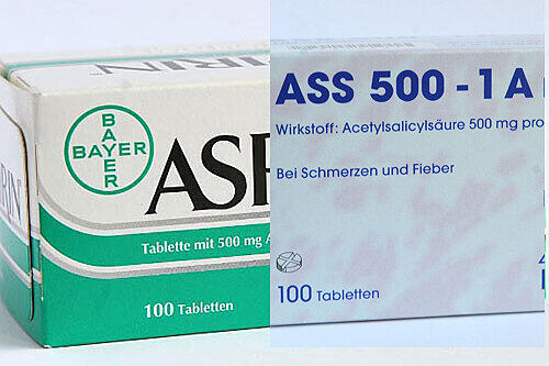 Aspirin ist der Klassiker unter den Schmerzmitteln. Daneben eine Packung ASS 500, das Generikum.