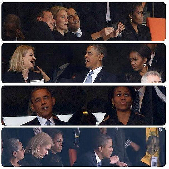 Ein paar Schnappschüsse von Obama im Twitterbild - die Netzgemeinde amüsiert und empört sich zugleich über Obamas Treiben bei Mandelas Trauerfeier.