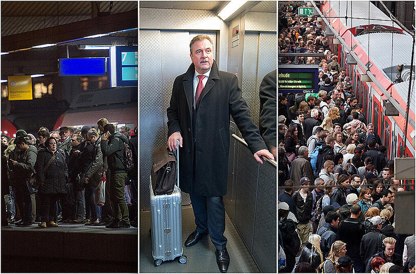Volle Bahnsteige stehen am Mittwoch und Donnerstag wohl wieder an der Tagesordnung (l., r.), da die Gewerkschaft Deutscher Lokführer, unter dem Vorsitzenden Claus Weselsky, (m.) streikt.