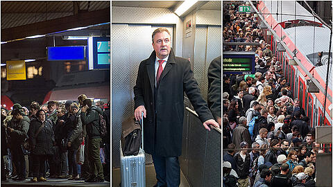 Volle Bahnsteige stehen am Mittwoch und Donnerstag wohl wieder an der Tagesordnung (l., r.), da die Gewerkschaft Deutscher Lokführer, unter dem Vorsitzenden Claus Weselsky, (m.) streikt.
