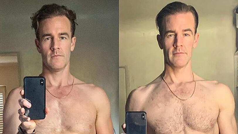 James Van Der Beek präsentiert seinen Sixpack nach sechs Monaten Kampfsporttraining (l.) und nach ein paar Monaten Tanztraining (r.)