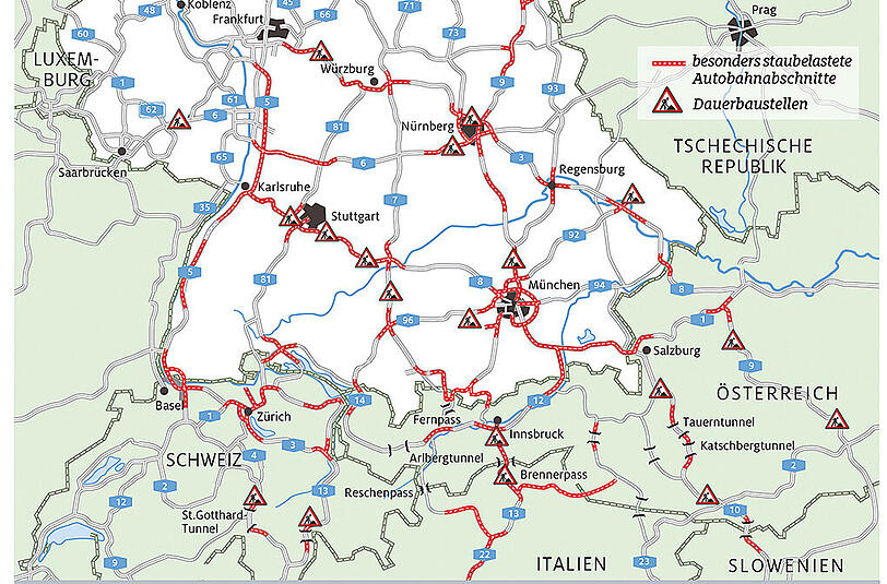 Hier drohen Staus (rot) und wird gebaut (Baustellenschilder) &ndash; eigentlich fast überall.