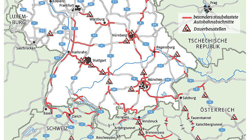 Hier drohen Staus (rot) und wird gebaut (Baustellenschilder) – eigentlich fast überall. Hier drohen Staus (rot) und wird gebaut (Baustellenschilder) – eigentlich fast überall.