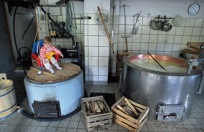 Theresia in der Käseküche
Der dpa-Fotograf aus dem Allgäu hat sich auf der Höfle-Alm in Balderschwang näher ungesehen und dabei die vier Monate alte Theresa in der Käseküche entdeckt. Die Tochter der Sennerin schaukelt über einem ungenutzten Bottich, während im Gefäß daneben die Molke schäumt. Der Preis für das Siegerfoto in der Kategorie Bayern &ndash; Land & Leute ist mit 1000 Euro dotiert.