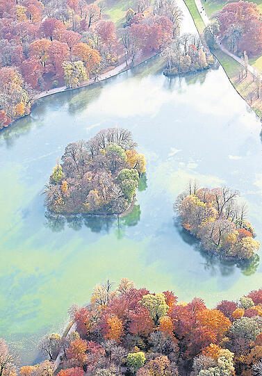 Indian Summer und eine grün-blaue Lagune: der Kleinhesseloher See im Herbst.