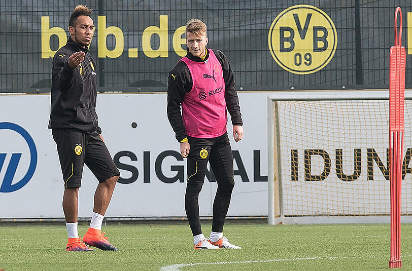 Bald wieder in einem BVB-Pflichtspiel gemeinsam auf dem Rasen? Pierre-Emerick Aubameyang (links) und Marco Reus im Training von Borussia Dortmund.