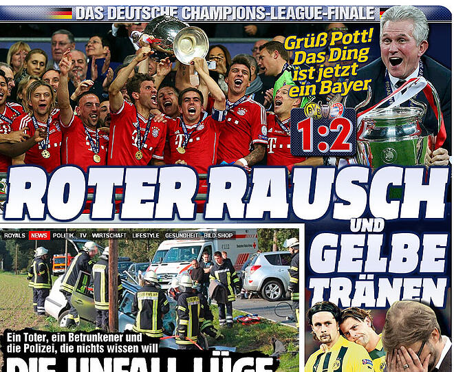 Den emotionalen Kontrast zwischen Bayern und Dortmund thematisiert die Bildzeitung am Sonntag.