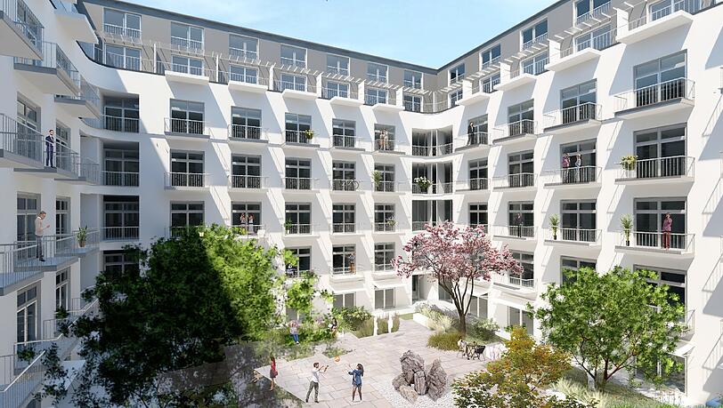 Fertigstellung 2026: Hier eine Visualisierung des Innenhofs des früheren Funktionsbaus in der Soyerhofstraße mit den 140 neuen Wohnungen. Fertigstellung 2026: Hier eine Visualisierung des Innenhofs des früheren Funktionsbaus in der Soyerhofstraße mit den 140 neuen Wohnungen.