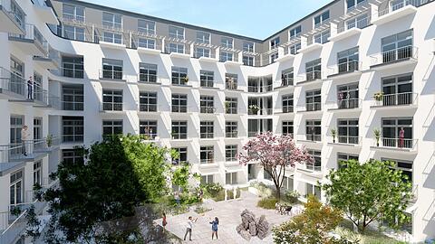 Fertigstellung 2026: Hier eine Visualisierung des Innenhofs des fr&uuml;heren Funktionsbaus in der Soyerhofstra&szlig;e mit den 140 neuen Wohnungen.