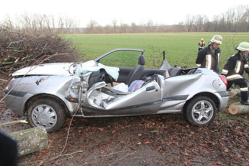 Ein Autofahrer in Fridolfing wurde schwer verletzt: Weil er eine Absperrung missachtet hatte, fiel ein bei Baumfällarbeiten gefällter Baum auf seinen Wagen.