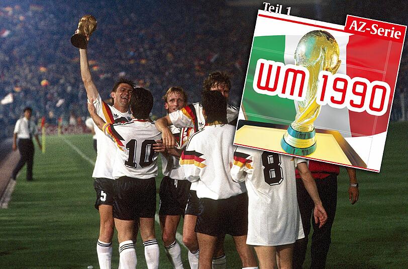 Da ist das Ding! Augenthaler (l.) mit Matthäus und dem WM-Pokal.