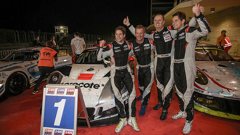 Das Team Herberth Motorsport Porsche um (v. l.) Robert Renauer, Daniel Allemann,Ralf Bohn und Alfred Renauer siegte beim Hankook 24H COTA USA-Rennen.