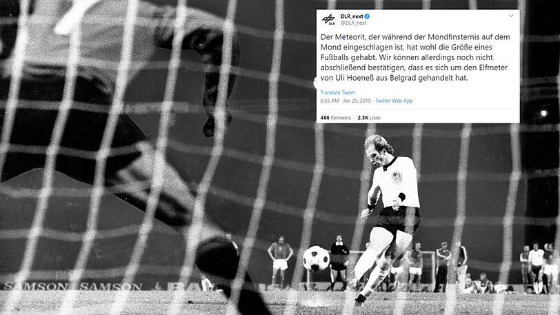 Platz 5-11: Twitteraccount des Deutschen Zentrums für Luft- und Raumfahrt - "Der Meteorit, der während der Mondfinsternis auf dem Mond eingeschlagen ist, hat wohl die Größe eines Fußballs gehabt. Wir können allerdings noch nicht abschließend bestätigen, dass es sich um den Elfmeter von Uli Hoeneß aus Belgrad gehandelt hat." (In Anspielung auf den verschossenen Elfmeter von Uli Hoeneß im EM-Finale 1976 in Serbien).