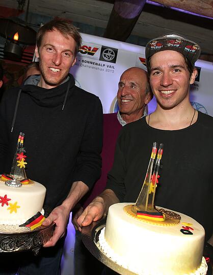 Fritz Dopfer und Felix Neureuther feiern ihre Silber- und Bronzemedaille bei der Ski-WM in den USA