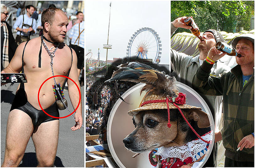 Lederstring statt Lederhose, Dirndl fürs Zamperl, Vorglühen auf dem Campingplatz: Die Wiesn geht auch schräg und skurril - Hier gibt's kuriose Bilder vom Oktoberfest.