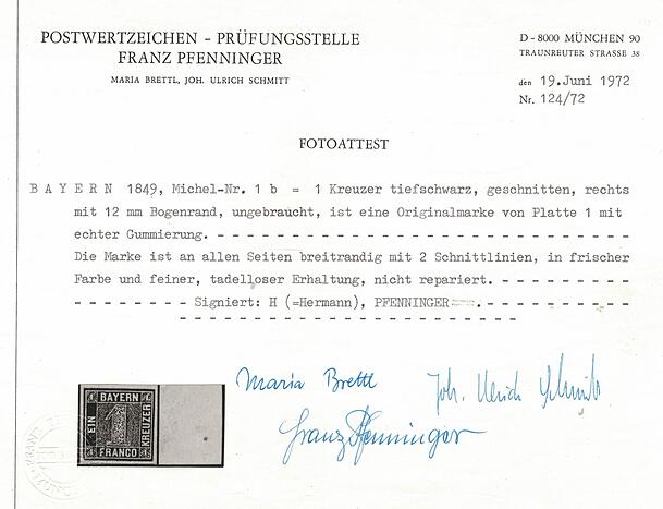 Gepr&uuml;fte Rarit&auml;t: Eine Bayern-Briefmarke von 1849 mit historischem Fotoattest.