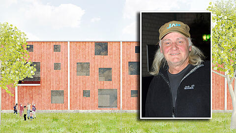 So könnte das Haupthaus von Wolfgang Nöths Flüchtlings- und Künstler-Projekt &bdquo;Quartier&ldquo; in Johanneskirchen einmal aussehen: In einer alten Holz-Lagerhalle sind Wohnungen in Modulbauweise entstanden, deren Größe sich an die räumlichen Bedürfnisse der Bewohner anpassen lässt.