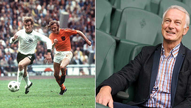 Rainer Bonhof als Nationalspieler im WM-Finale 1974 gegen die Niederlande - verfolgt von René van de Kerkhof - und im März 2016 auf der Tribüne des Borussia-Parks in Mönchengladbach. Rainer Bonhof als Nationalspieler im WM-Finale 1974 gegen die Niederlande - verfolgt von René van de Kerkhof - und im März 2016 auf der Tribüne des Borussia-Parks in Mönchengladbach.