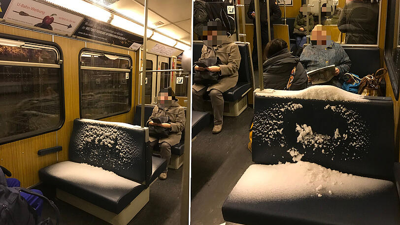 Die weiße Pracht mitten im Waggon hatten die Fahrgäste der U6 am Montag.