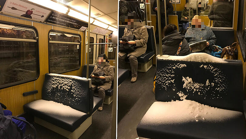 Die weiße Pracht mitten im Waggon hatten die Fahrgäste der U6 am Montag. Die weiße Pracht mitten im Waggon hatten die Fahrgäste der U6 am Montag.