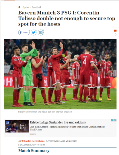Der "Telegraph" schreibt: "Der Doppelpack von Corentin Tolisso reicht nicht, um den Spitzenplatz der Gastgeber zu sichern."