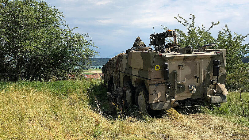 Bei der Brigadegefechtsübung "Berglöwe 2018" steht ein Fahrzeug der Bundeswehr auf einer Wiese.