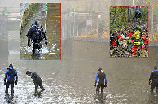 Polizisten suchten am Montag (31.10.2011)im Augsburger Eiskanal nach Spuren, die zur Festnahme der Täter im Augsburger Polizistenmord führen können. In der Nacht zum Freitag (28.10.2011) war bei einer Schießerei ein Polizist getötet und eine weitere Beamtin verletzt worden. Die Täter waren in ein großes Waldgebiet geflohen.
