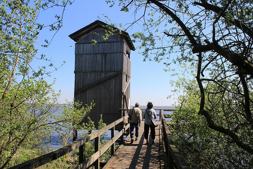 Über einen kleinen Steg gelangen Besucher zum Winzlarer Turm. Von dort aus ist die Festungsinsel zu sehen.